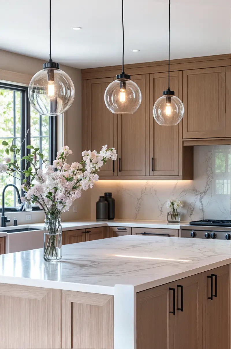 Elegant warm minimalist kitchen featuring oak cabinetry, marble-topped island, glass globe pendant lights, and fresh flowers, showcasing perfect material balance and clean lines.