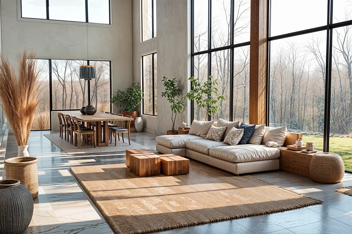 Modern luxury living room with open-plan concept, floor-to-ceiling windows, natural materials, and panoramic forest views