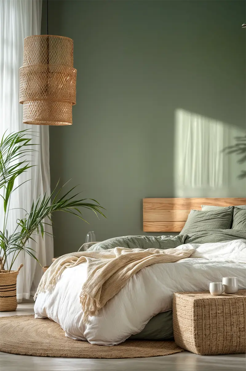 Calm minimalist bedroom featuring a sage green wall, oak bed frame, woven pendant light, white bedding with textured throw, and natural materials