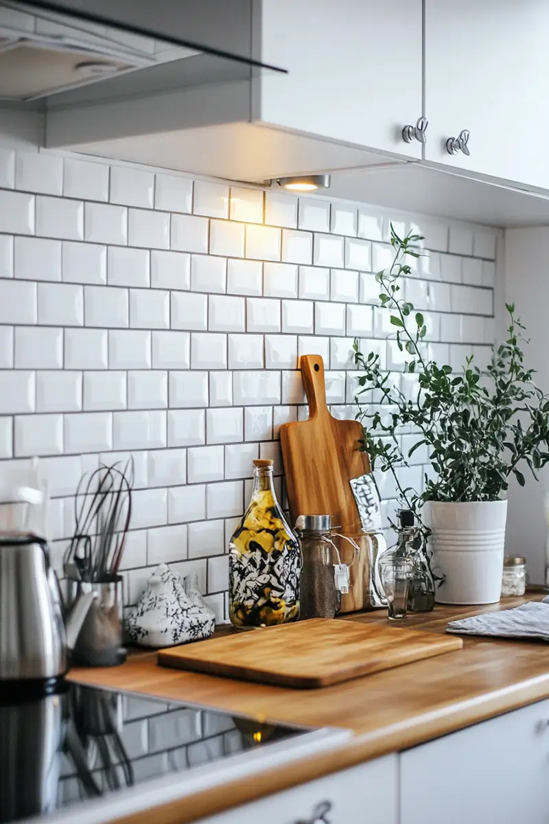 Warm minimalist kitchen with white subway tile backsplash, wooden cutting board, potted herbs, and butcher block countertop creating texture and warmth.