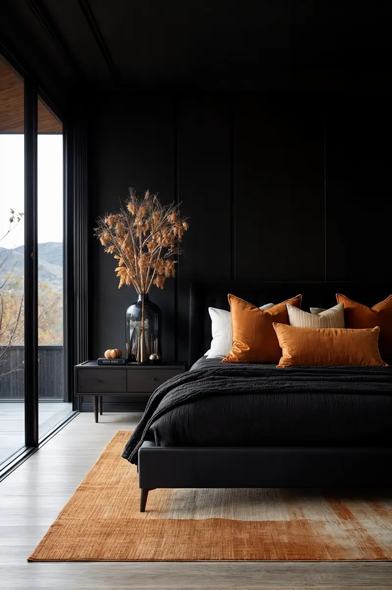 Bold minimalist bedroom with dark paneled walls, black platform bed, bright orange accent pillows, light wood flooring, and large windows creating a sophisticated contrast.