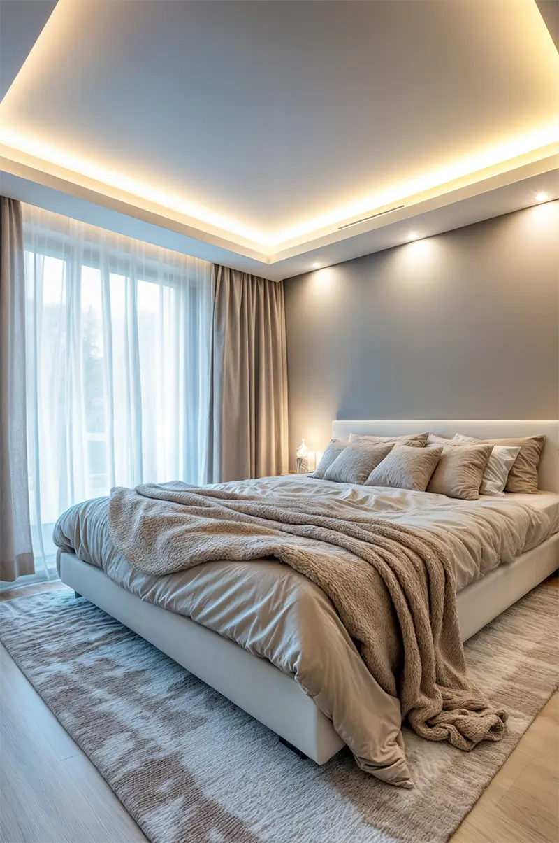 Serene minimalist bedroom with sophisticated cove ceiling lighting, neutral color palette, platform bed with layered bedding, sheer window treatments, and minimal decor creating an elegant retreat.