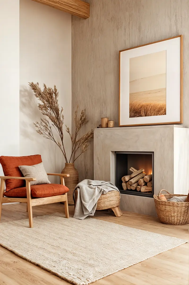 Warm minimalist living room with neutral color palette featuring beige walls, terracotta accent chair, natural textures, and a simple fireplace creating an elegant, cozy atmosphere.