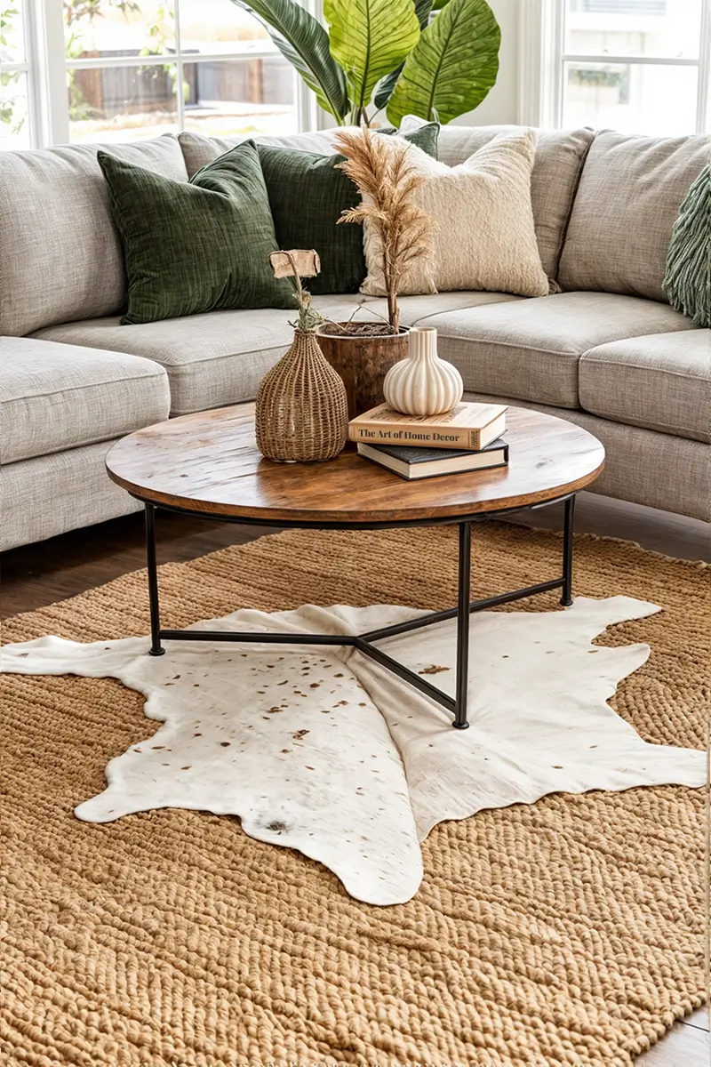 Natural luxury living room with neutral tones, textured elements, and layered rugs