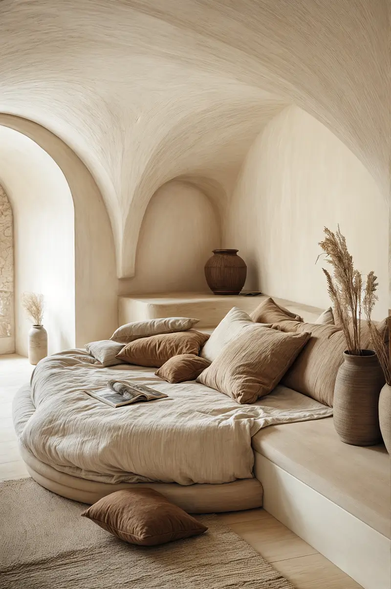 Warm, minimalist bedroom design featuring light oak flooring, a modern curved bed in soft taupe, earthy ceramic vases and linen throw pillows.