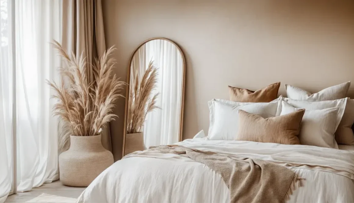 A warm minimalist bedroom with a mirror leaning on the wall, bed adorned with soft linens and decorative pillows featuring neutral tones and natural textures.