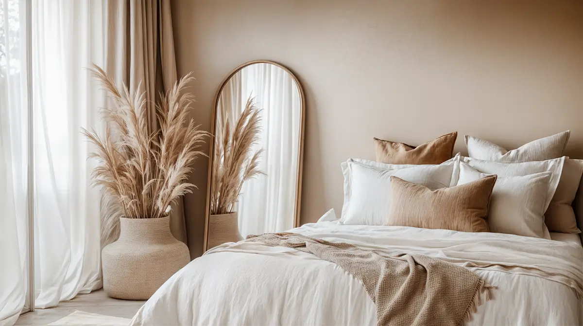 A warm minimalist bedroom with a mirror leaning on the wall, bed adorned with soft linens and decorative pillows featuring neutral tones and natural textures.
