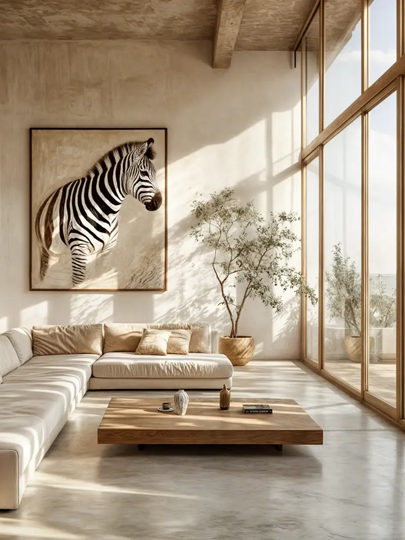 Bright minimalist living room with floor-to-ceiling windows, white sectional sofa, wooden coffee table, and large zebra artwork creating a serene, airy atmosphere.