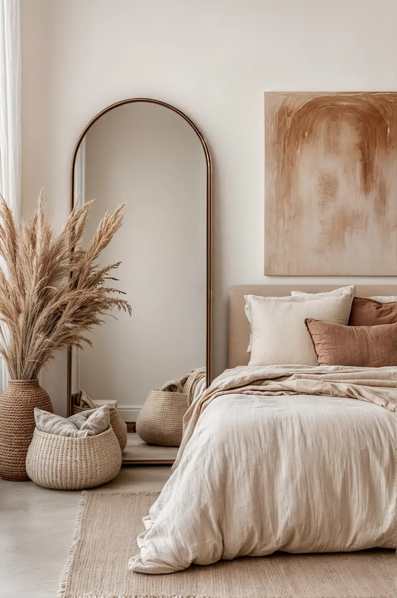 Serene warm minimalist bedroom with beige walls, arched mirror, dried pampas grass in woven vase, textured bedding, and natural fiber baskets creating a peaceful retreat.