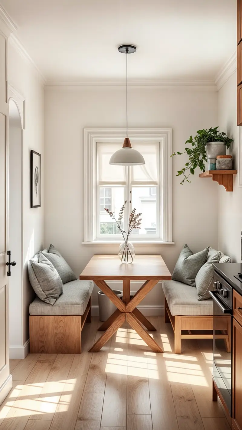 Bright minimalist breakfast nook featuring built-in bench seating with soft cushions, wooden X-base table, pendant light, and window creating a cozy dining space in a small kitchen.