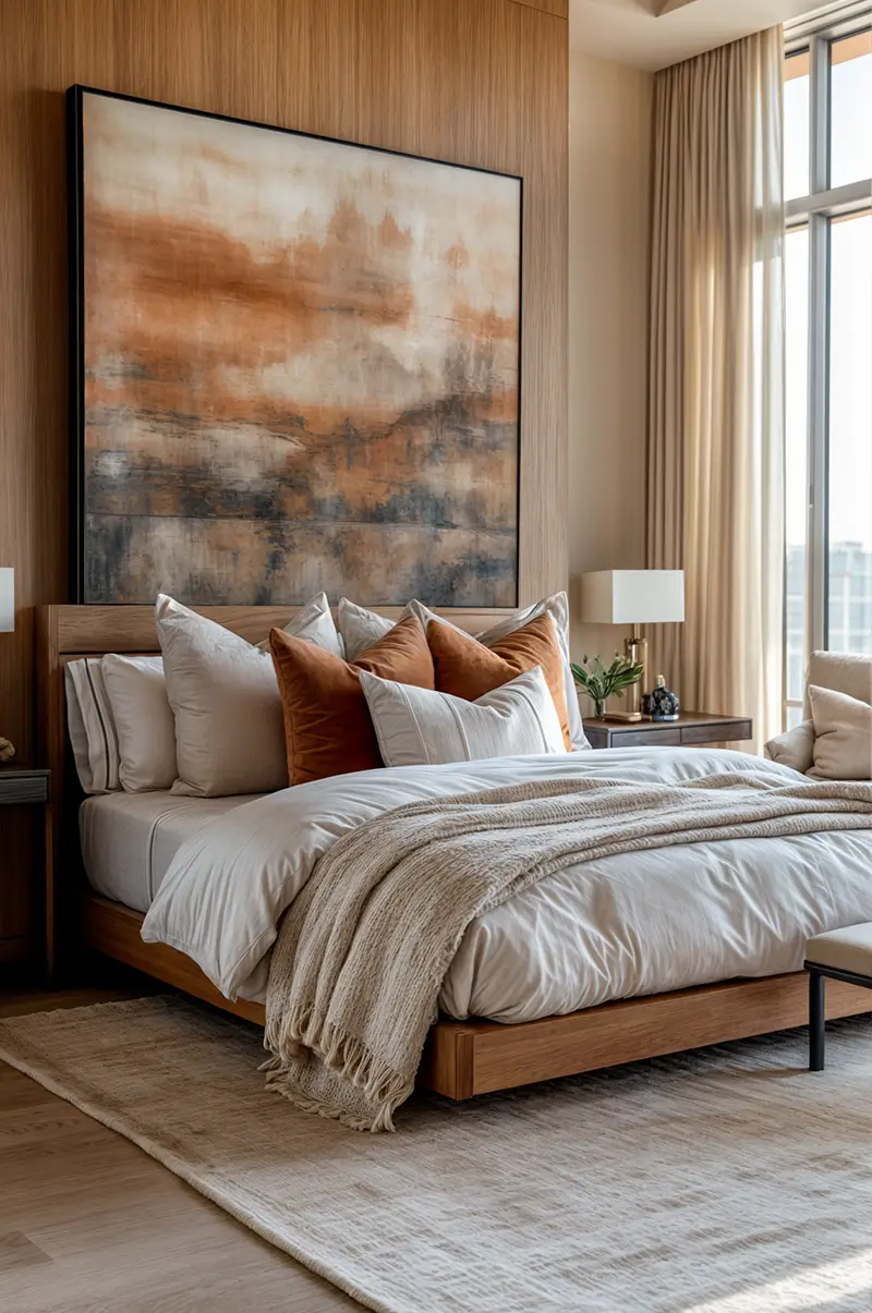 Elegant minimalist bedroom featuring oak wall paneling, platform bed with layered neutral bedding, and abstract artwork in earth tones.