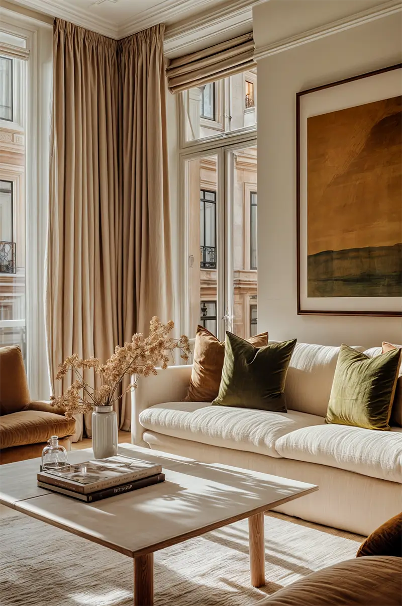 Sun-drenched living space featuring layered textures—linen sofa, velvet accent pillows, natural woods, and flowing drapery creating depth without overwhelming the minimalist aesthetic