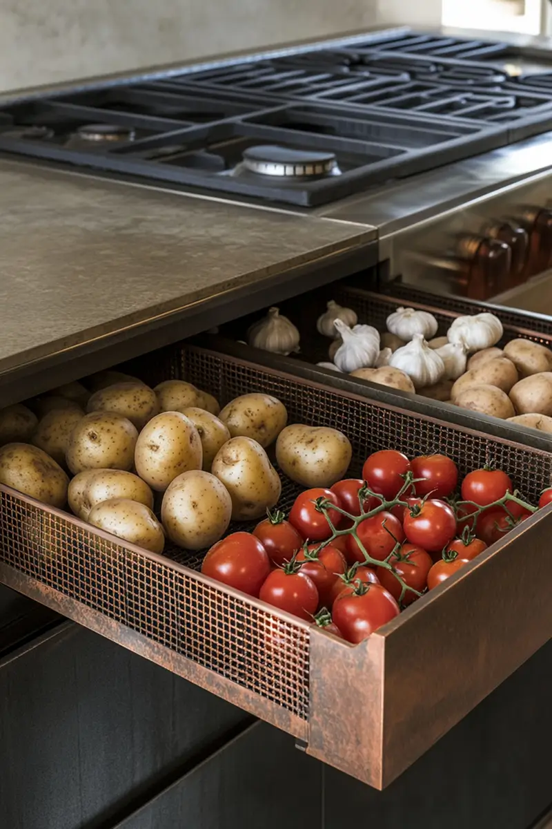 Functional minimalist kitchen drawer with mesh design showing organized storage of fresh produce including potatoes, tomatoes, and garlic in a warm copper finish.