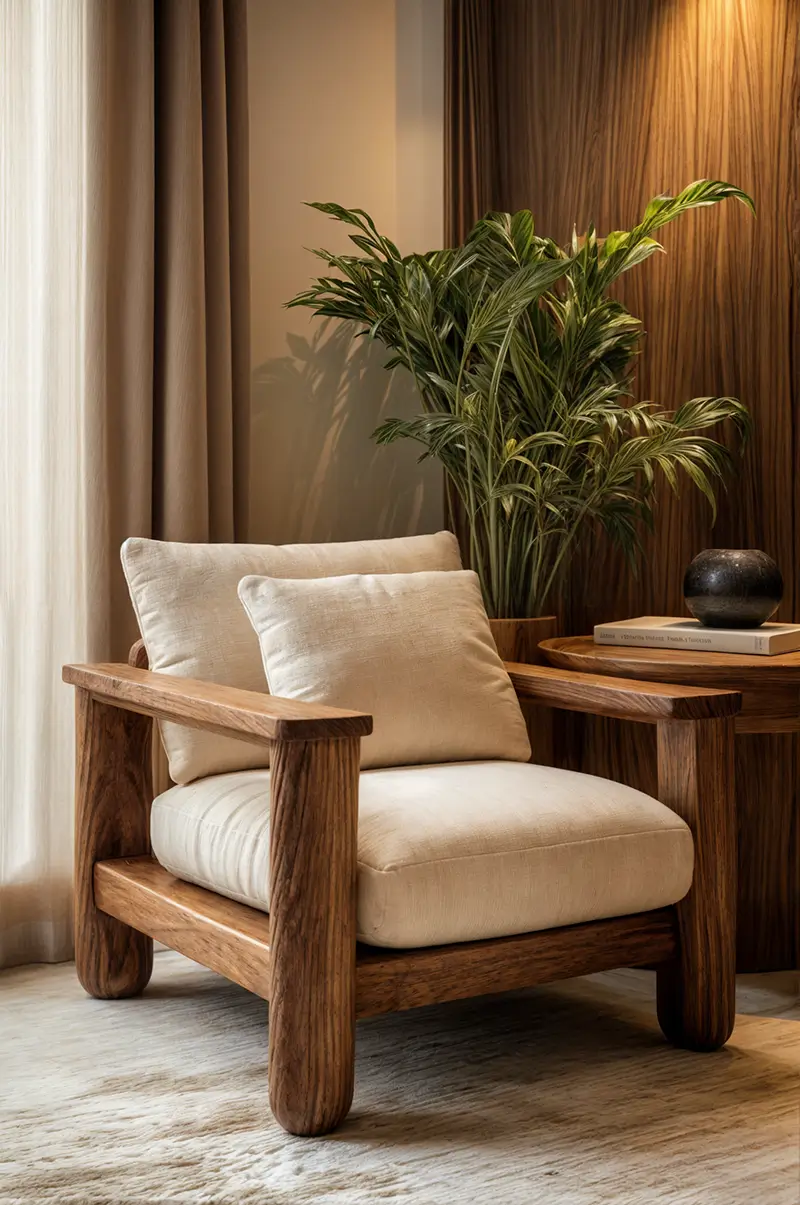 Cozy reading corner featuring a wooden frame armchair with cream cushions, side table, tall plant, and warm lighting creating a peaceful minimalist retreat.