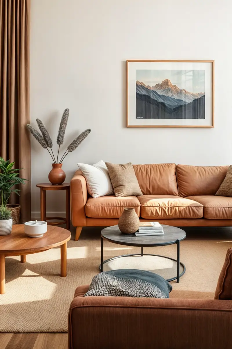 Warm minimalist living room featuring a terracotta sofa, natural textile throw pillows, minimalist mountain artwork, and simple coffee table styling.