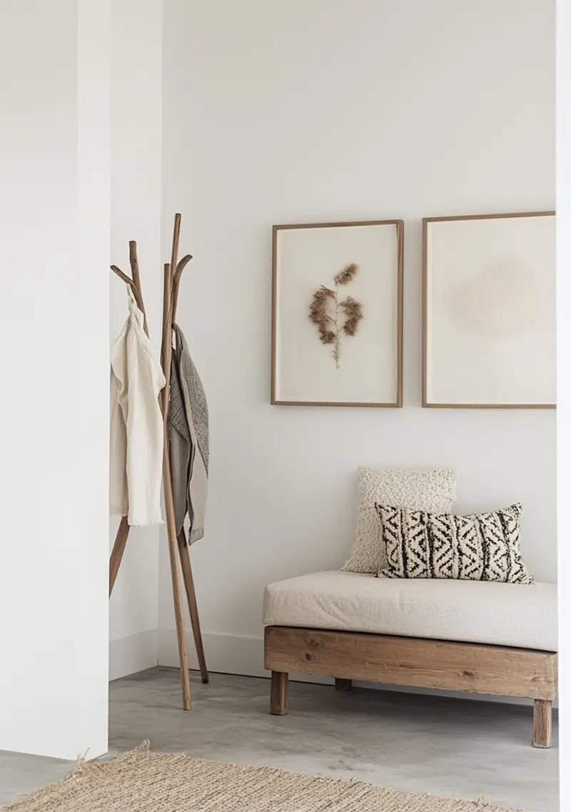 Welcoming entryway featuring natural wood bench, organic coat rack, and neutral textiles
