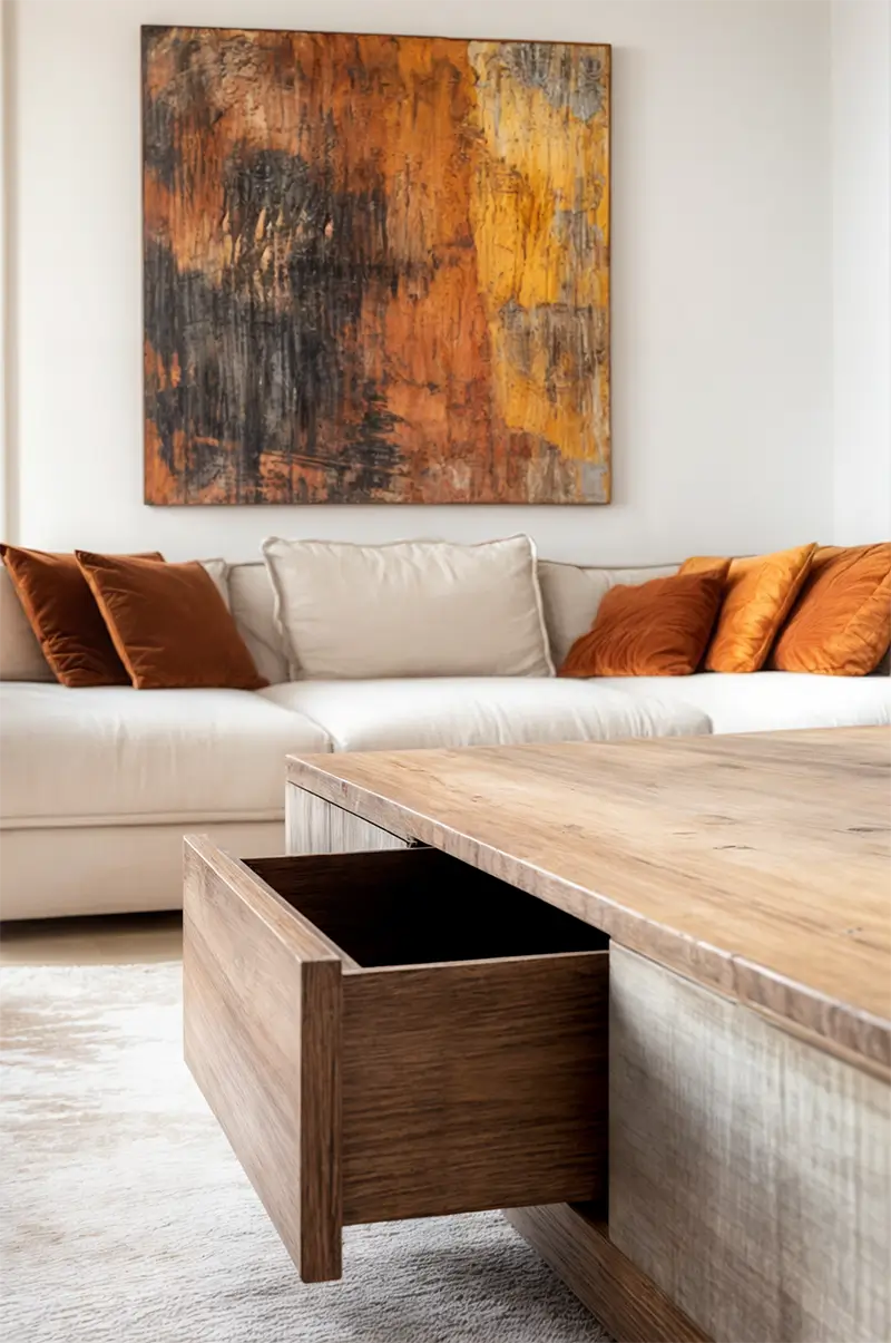 Warm minimalist living room with white sofa, wooden storage coffee table with drawer, abstract artwork in warm tones, and natural textures creating an elegant, functional space.