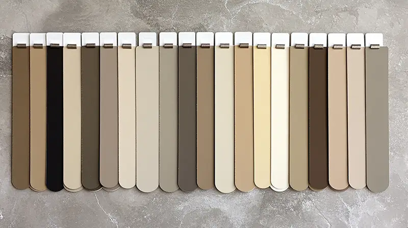 Curated collection of warm minimalist paint samples ranging from soft whites and creams to rich earth tones