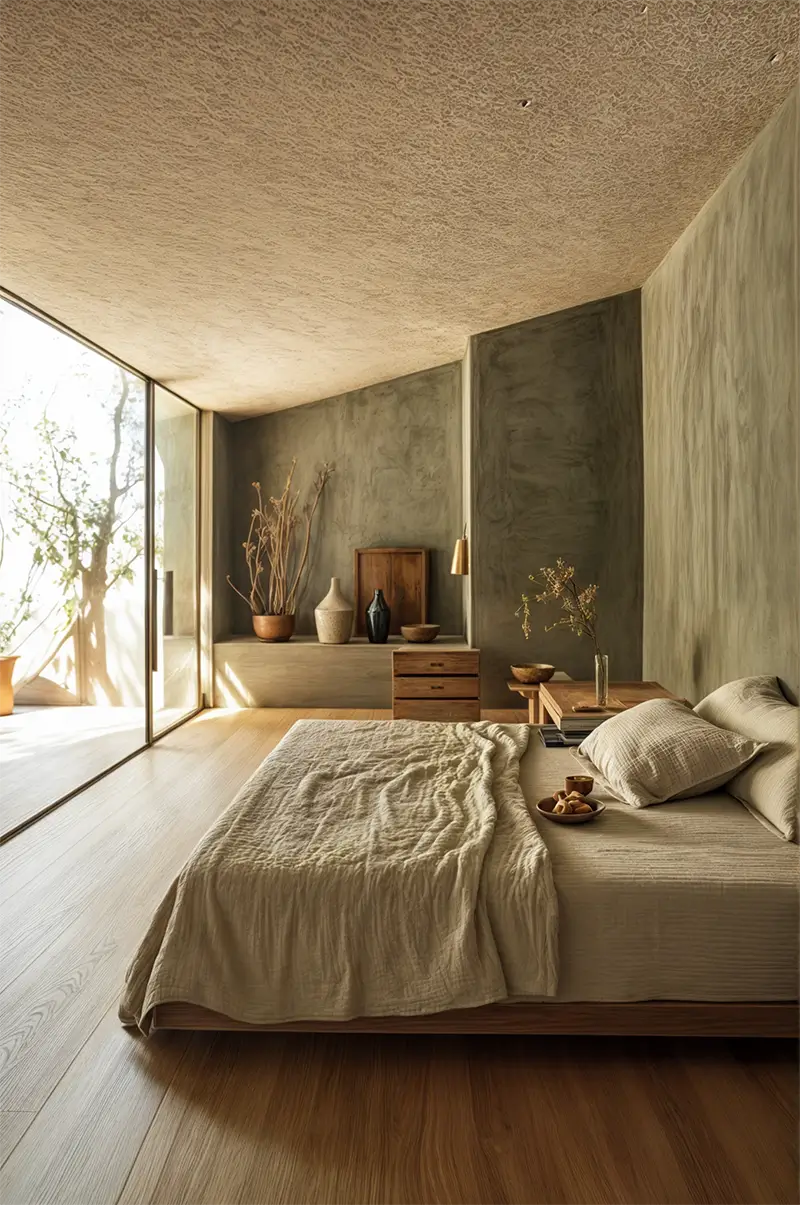 Calm minimalist bedroom featuring sage green walls, oak bed frame, large windows, white bedding with textured throw, and natural materials creating a harmonious retreat.