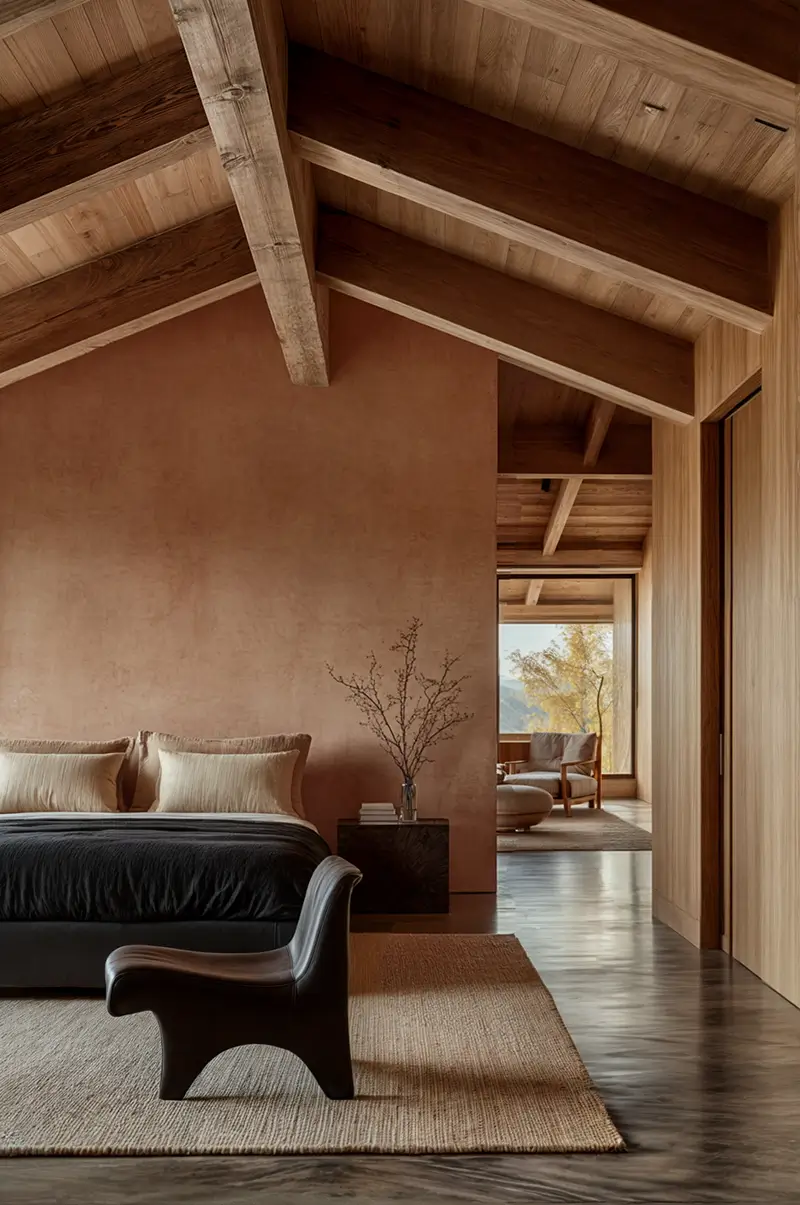 Serene warm minimalist bedroom featuring textured clay walls, exposed wooden ceiling beams, and natural textiles