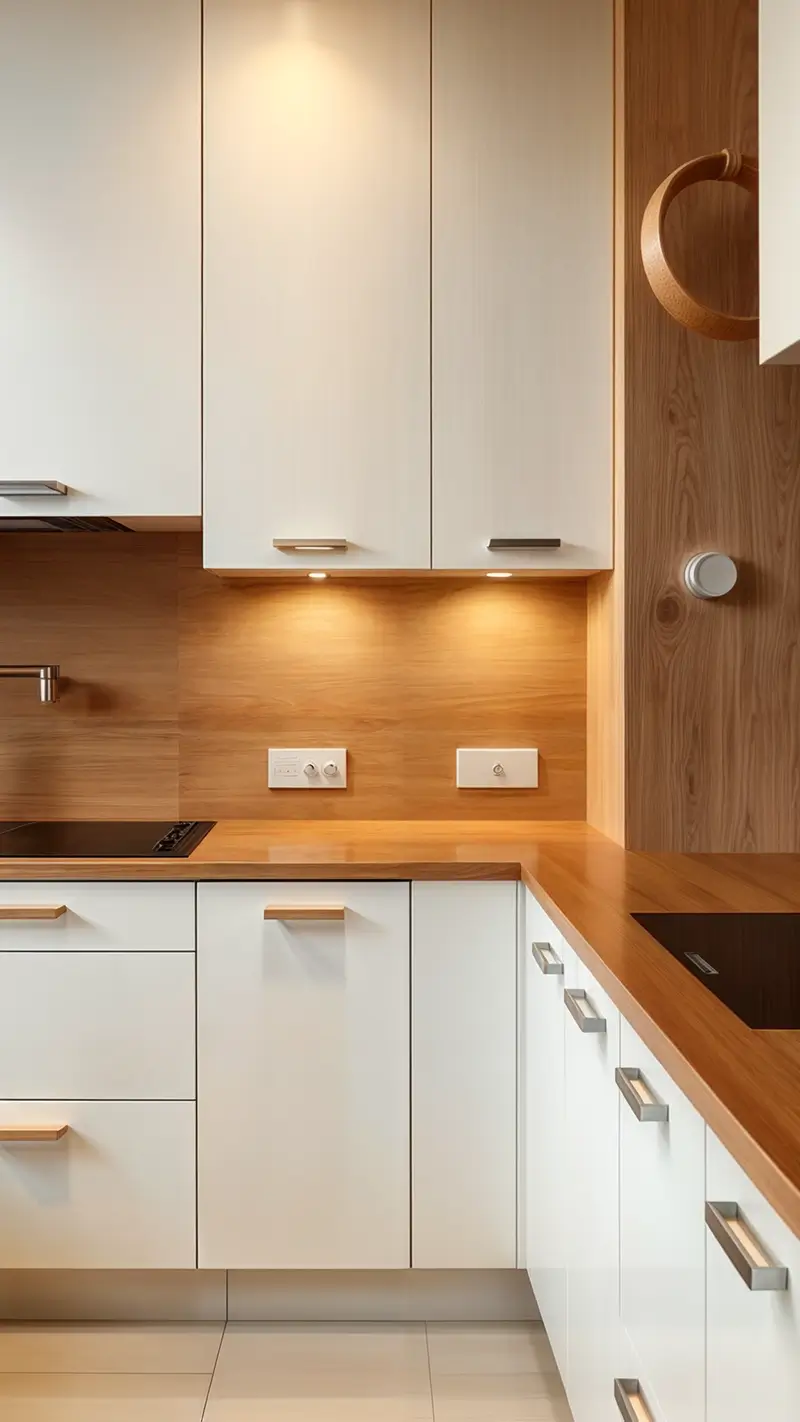 Clean-lined minimalist kitchen featuring white cabinets with simple hardware, wooden countertop, and integrated appliances creating a seamless, sophisticated look.