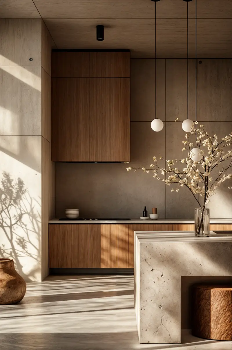 Serene minimalist kitchen featuring warm wood cabinetry, neutral beige walls, simple pendant lights, and natural materials creating a harmonious earthy color palette.