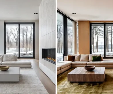 Traditional vs Warm Minimalism before and after image: The same modern living space transformed from cool white minimalism (left) to warm minimalist design (right)
