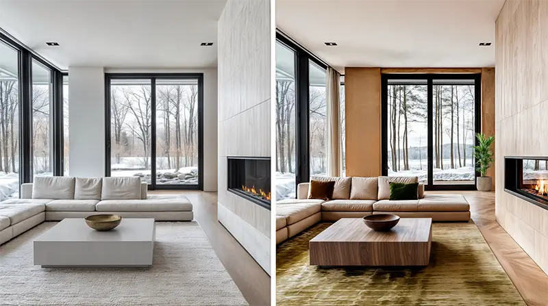 Before and after: The same modern living space transformed from cool white minimalism (left) to warm minimalist design (right)