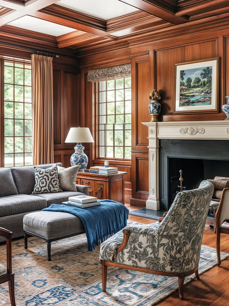 American living room featuring extensive wood paneling, coffered ceiling, large windows with traditional curtains, a marble fireplace, patterned area rug, and formal arrangement of gray sofa and patterned armchair with decorative accents.
