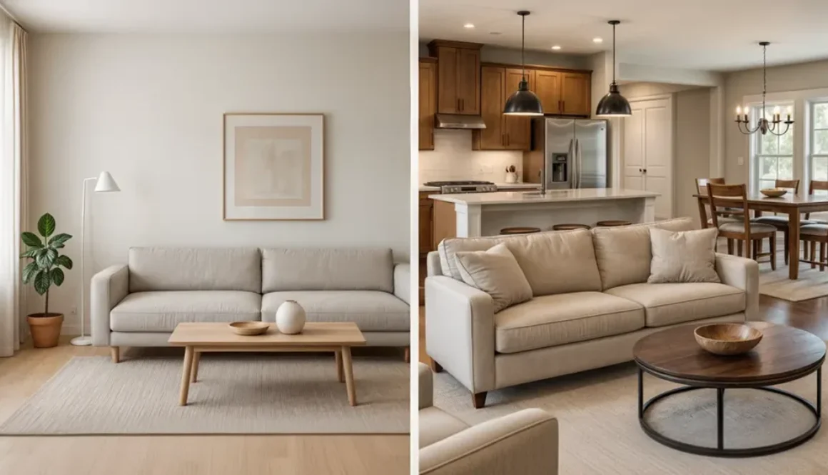 Side-by-side comparison showing a European minimalist living room with neutral tones, simple furniture, and minimal decoration on the left, versus an American open-concept living room, demonstrating the European vs US design contrast.