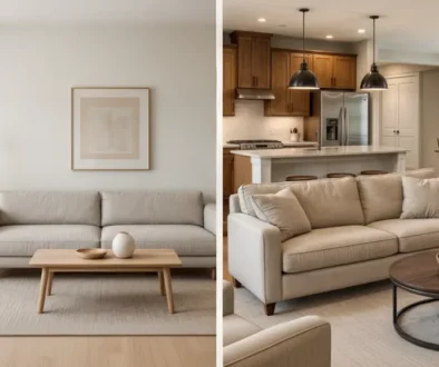 Side-by-side comparison showing a European minimalist living room with neutral tones, simple furniture, and minimal decoration on the left, versus an American open-concept living room, demonstrating the European vs US design contrast.
