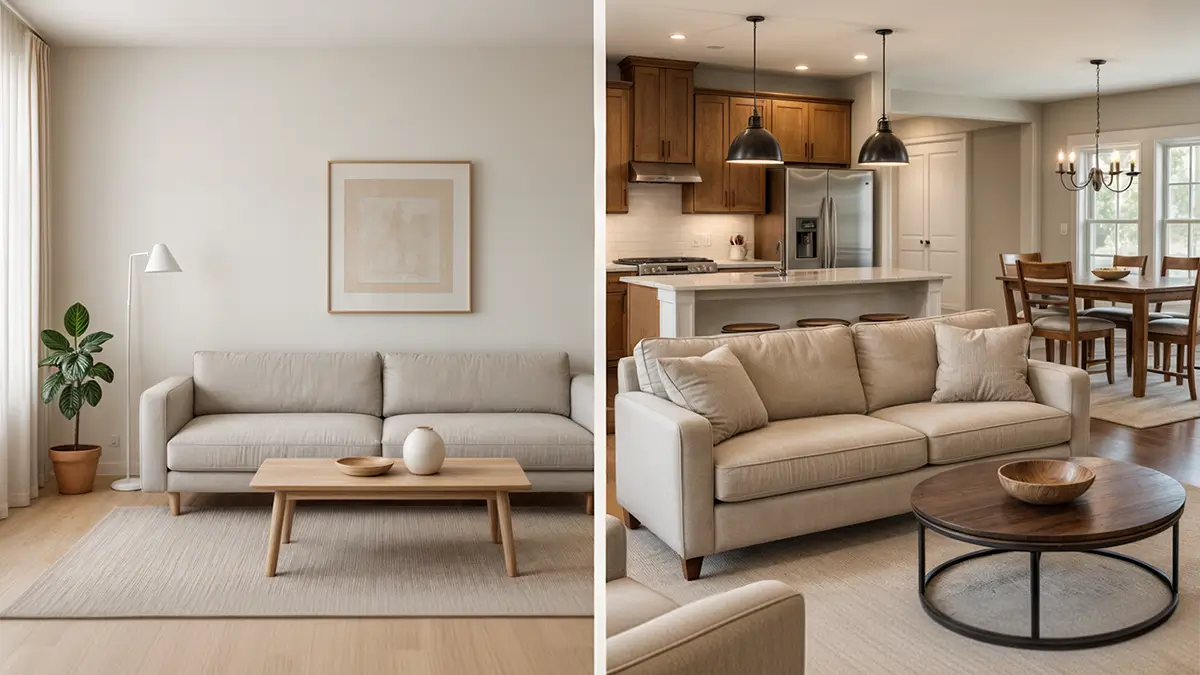 Side-by-side comparison showing a European minimalist living room with neutral tones, simple furniture, and minimal decoration on the left, versus an American open-concept living room, demonstrating the European vs US design contrast.