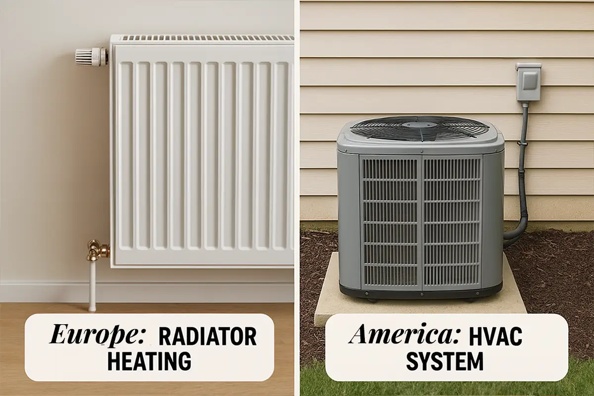 Side-by-side comparison of a white wall-mounted European radiator heating system on the left versus an outdoor American HVAC condenser unit on the right, representing fundamentally different approaches to home climate control.