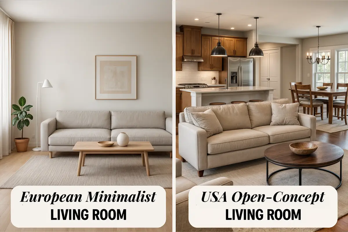 Side-by-side comparison showing a European minimalist living room with neutral tones, simple furniture, and minimal decoration on the left, versus an American open-concept living room with visible kitchen and dining areas, larger furniture, and more decorative elements on the right.