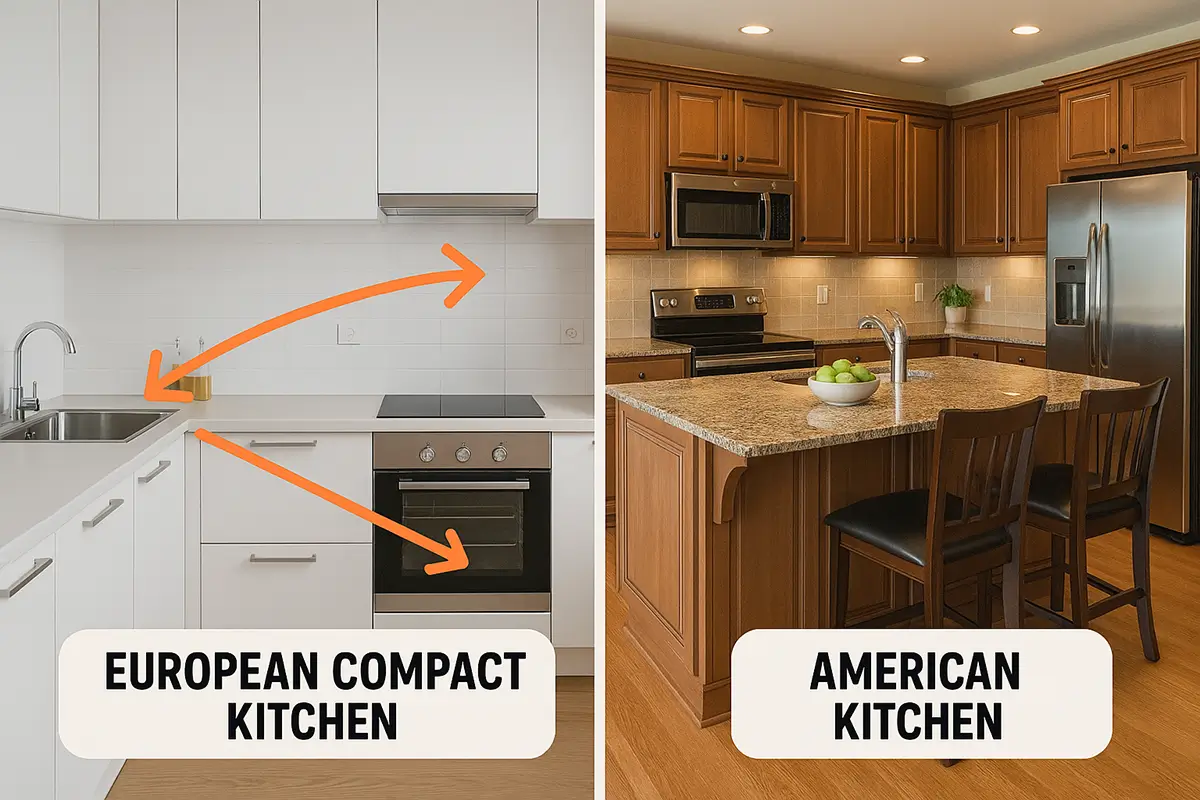 Comparison between a compact European kitchen with minimal white cabinetry, integrated appliances, and efficient workspace on the left, versus an American kitchen with large center island, extensive wooden cabinetry, full-size appliances, and seating area on the right.