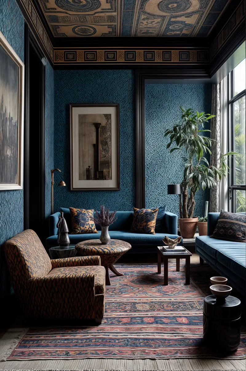 Maximalist living room with blue patterned wallpaper, ornate ceiling, mixed patterns and textures showcasing the bold US interior design trend
