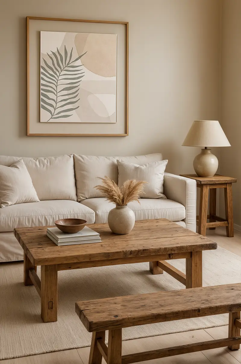 Warm minimalist living room with beige sofa, wooden coffee table, botanical art print, and natural materials showcasing calm US interior design trends