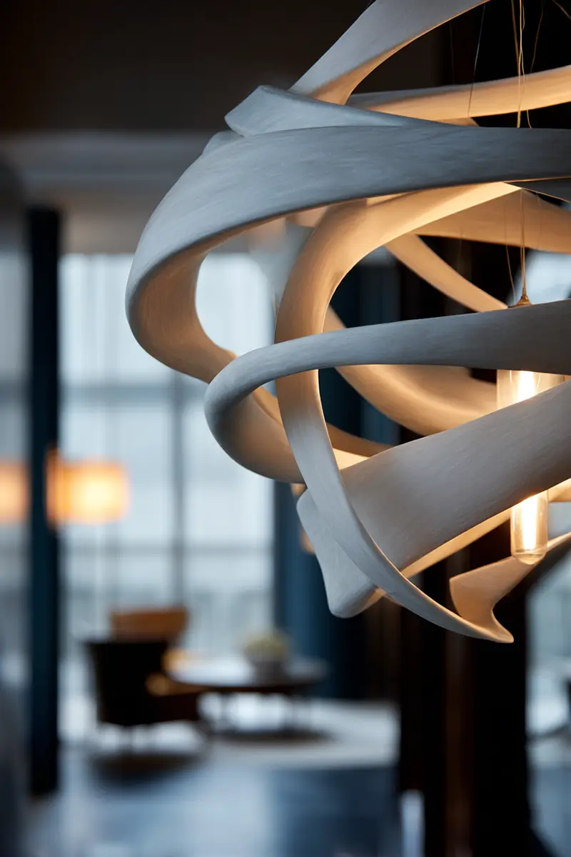 Close-up of sculptural white pendant light fixture showing organic curved shapes