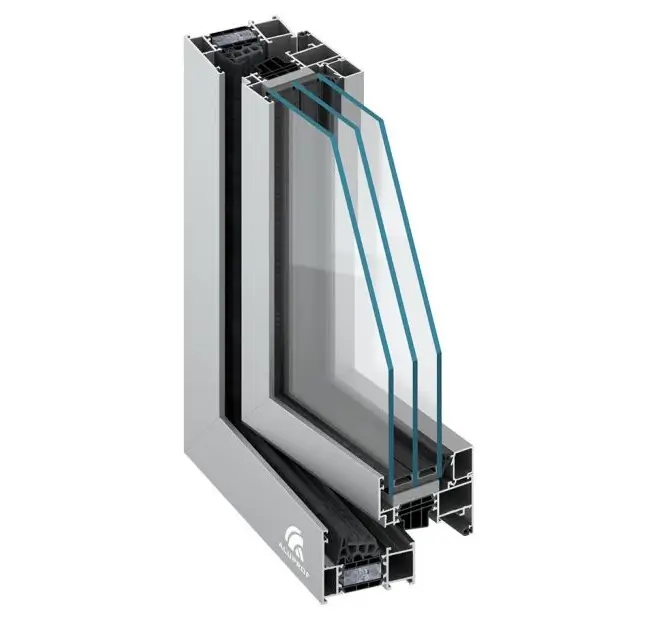 European triple-glazed window cross-section demonstrating superior thermal insulation with multiple air chambers and specialized sealing technology.