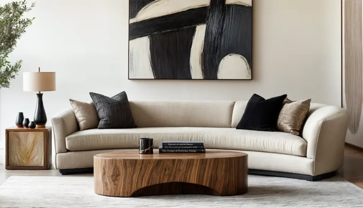 Luxury living room featuring US interior design trends with curved beige sofa, organic wood coffee table, and black and white abstract art