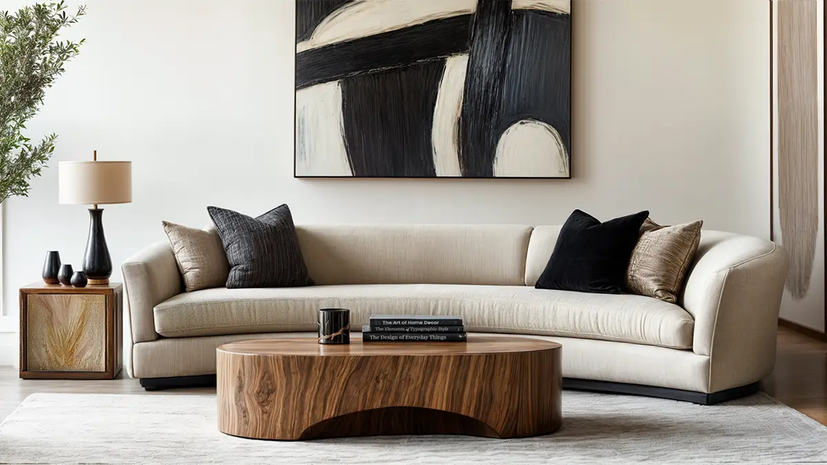 Luxury living room featuring US interior design trends with curved beige sofa, organic wood coffee table, and black and white abstract art
