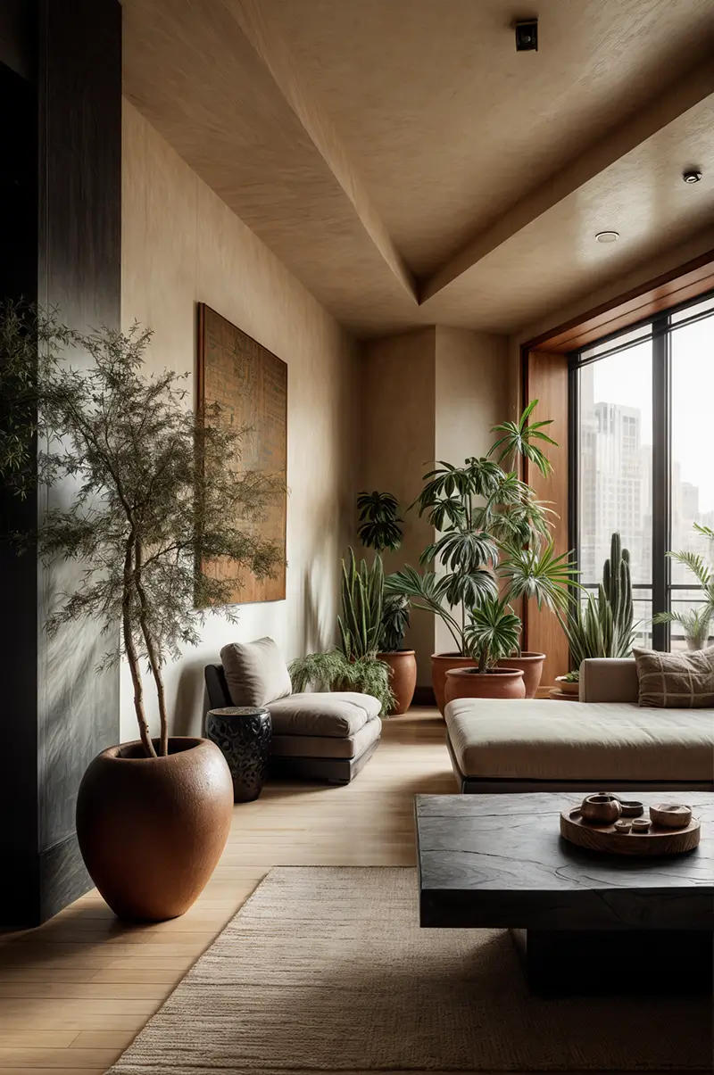 Serene living space with abundant indoor plants, natural materials, and earthy tones 