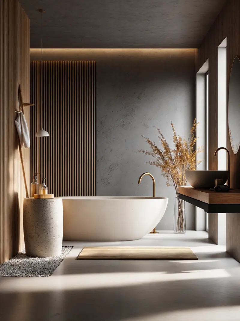 Luxury spa-like bathroom with freestanding tub, wood paneling, and natural materials representing wellness-focused US interior design trends