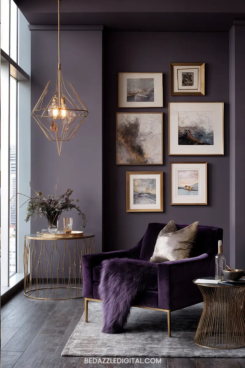 Luxurious corner featuring amethyst purple velvet chair with gold accent tables, geometric gold light fixture, gallery wall, and jewel tone interior design elements