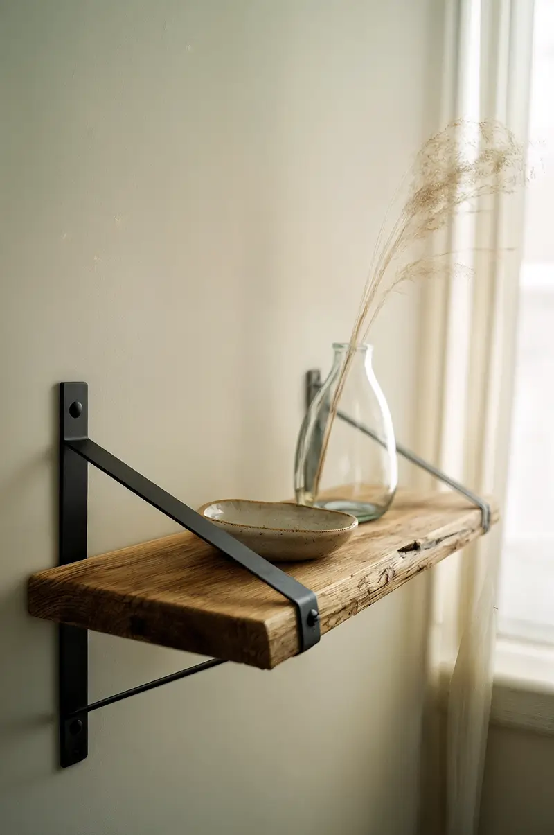 Simple DIY floating shelf made with reclaimed wood and black metal brackets holding ceramic dish and glass vase with dried grasses