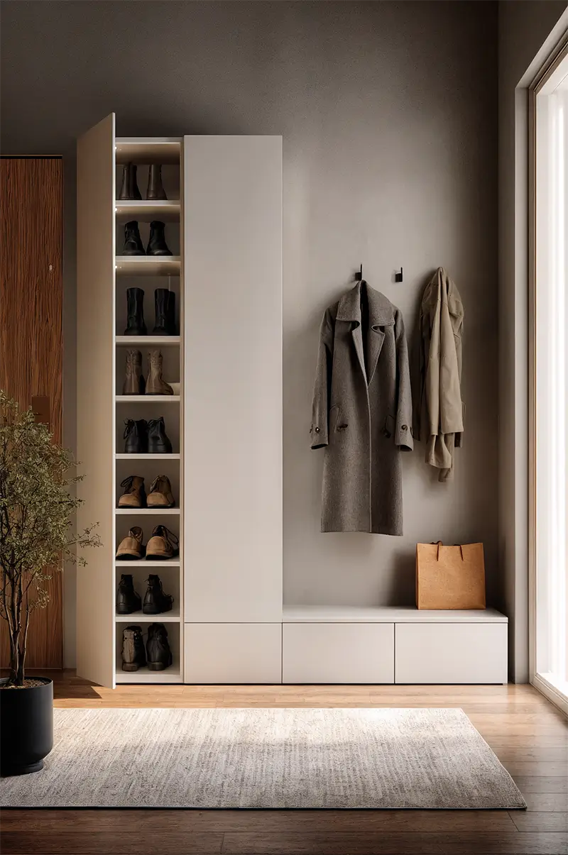 Minimalist entryway with tall white cabinet featuring hidden shoe storage, simple hooks, and bench seating with clean lines
