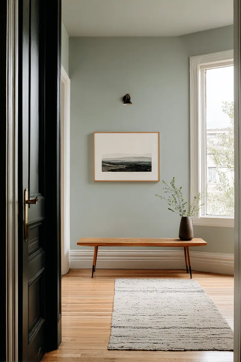 Minimalist entryway with sage green walls, wooden bench, framed landscape artwork, and simple dried floral arrangement