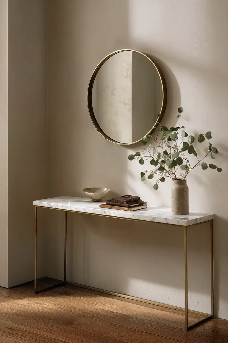 Elegant minimalist entryway featuring marble console table with brass frame, round gold mirror, and small vase with eucalyptus branches