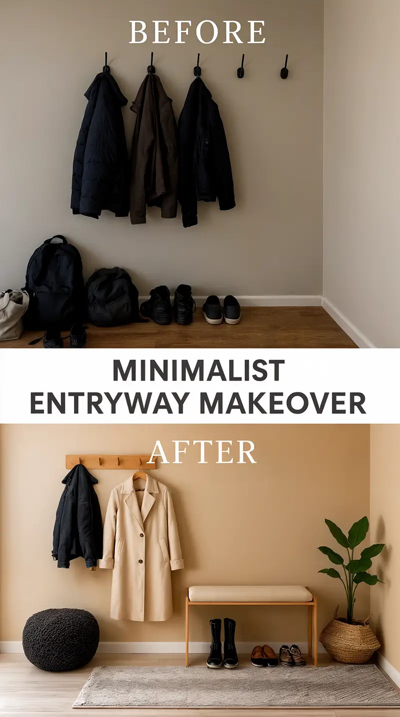Before and after comparison of minimalist entryway makeover showing cluttered coat hooks transformed into organized space with wooden bench, plant, and fewer seasonal items