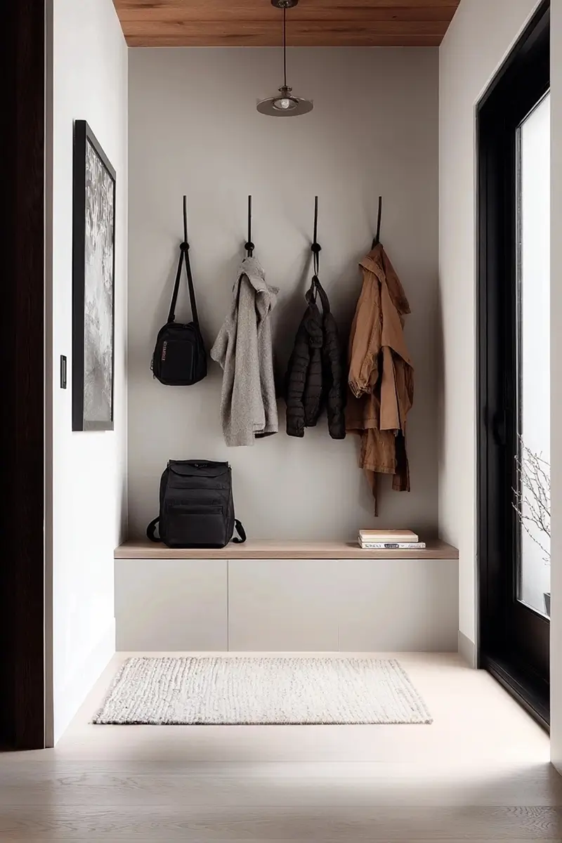  Small efficient entryway with white storage bench, black hooks, neutral color palette, and natural wood ceiling